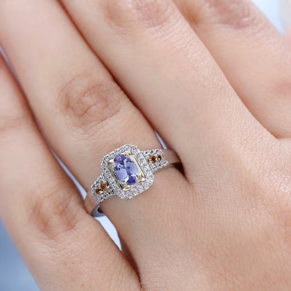 Genuine Tanzanite, Champagne & White Zircon Platinum Sterling Silver Sz 7 - Picture 3 of 10